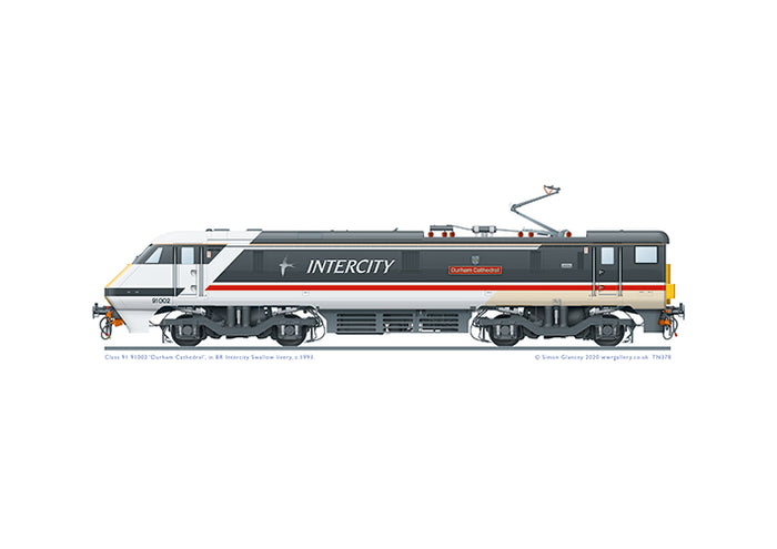 Class 91 91002 'Durham Cathedral' in BR Intercity Swallow livery