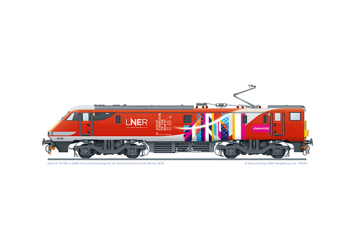 Class 91 91106 of LNER with Great Exhibition of the North branding