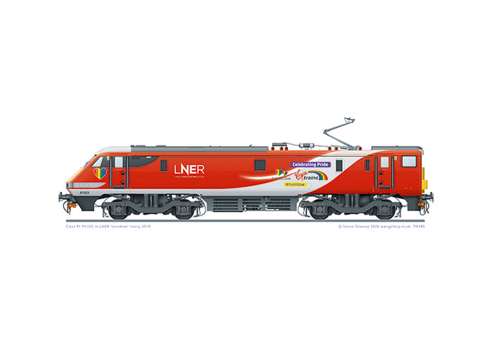 Class 91 91103 of LNER with '#trainbow' branding
