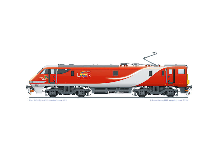 Class 91 91121 of LNER with Pride 'trainbow' branding, 2019