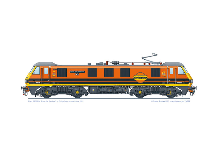 Class 90 90014 'Over the Rainbow' in Freightliner orange livery